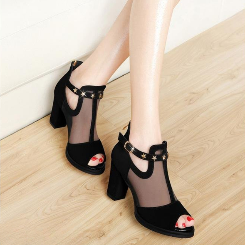 Mesh Peep Toe Block High Heels - Mesh Strap Metal recension och pris